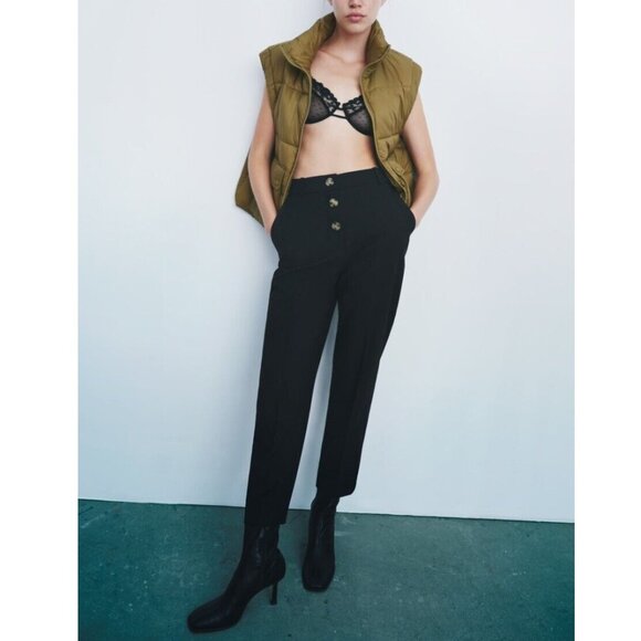 Zara Pants Black High Rise Buttoned Trousers Slim Straight NWT - Picture 1 of 10